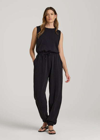 American Tall Women Soft Motion Sleeveless Sweatpant Jumpsuit for Tall Women in Black
