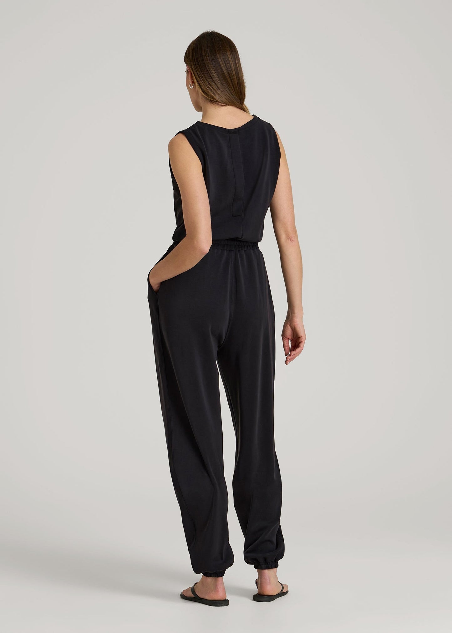 American Tall Women Soft Motion Sleeveless Sweatpant Jumpsuit for Tall Women in Black