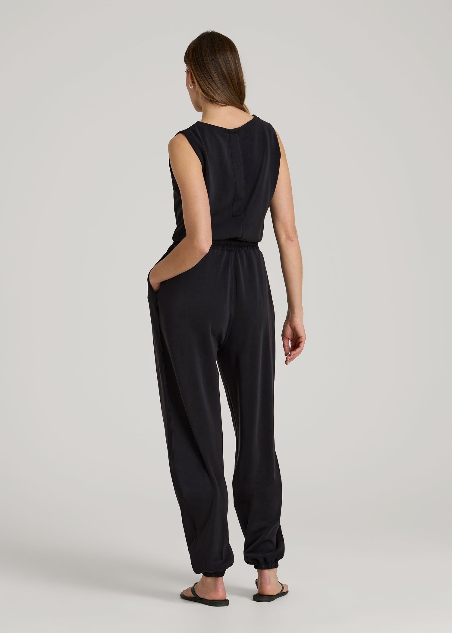 American Tall Women Soft Motion Sleeveless Sweatpant Jumpsuit for Tall Women in Black