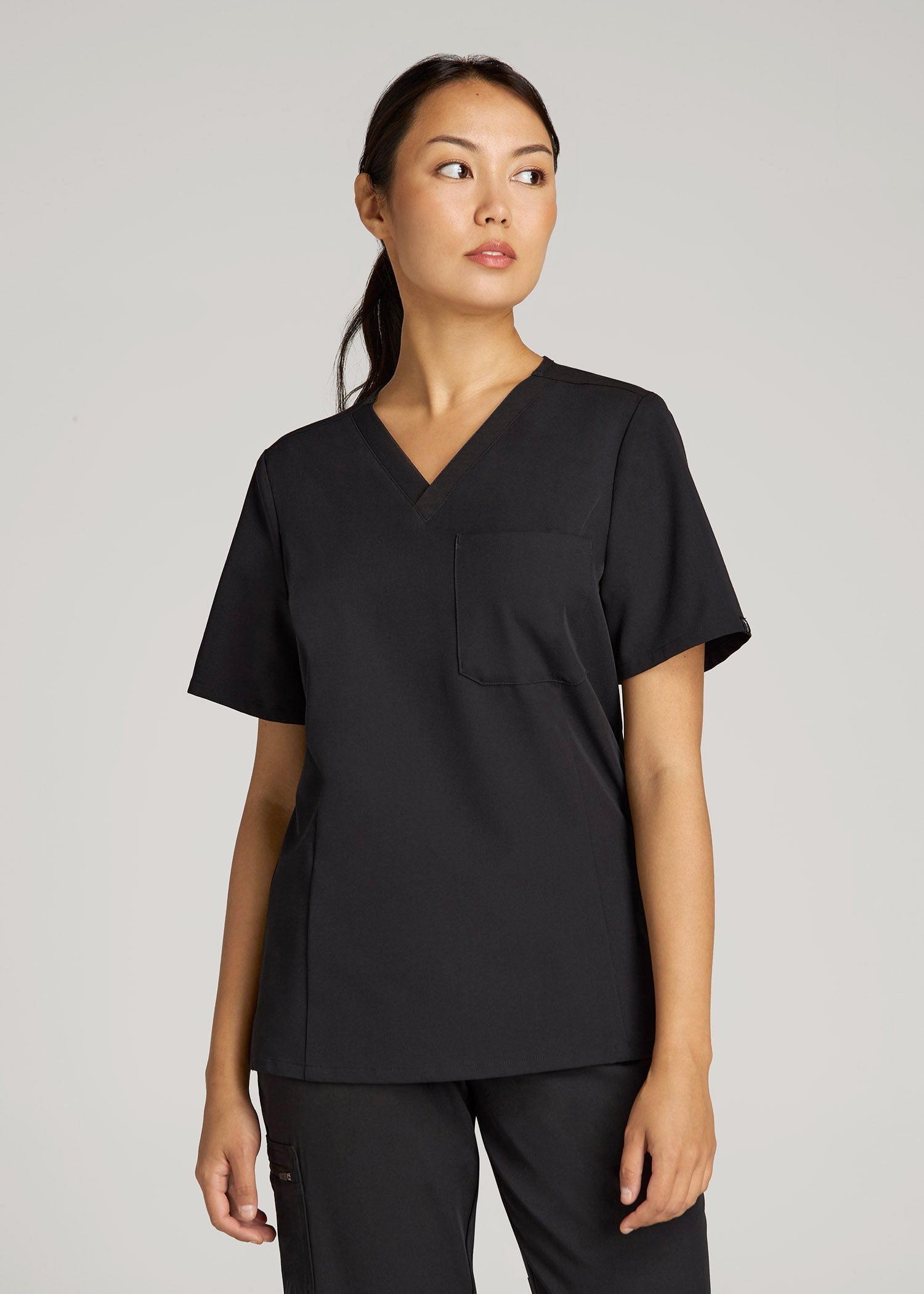American Tall Women Short Sleeve V-Neck Scrub Top for Tall Women in Black
