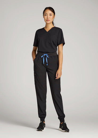American Tall Women Short Sleeve V-Neck Scrub Top for Tall Women in Black