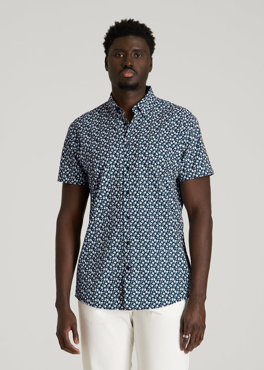 American Tall Men Short Sleeve Traveler Stretch Button Shirt for Tall Men in Ice Blue Mini Floral