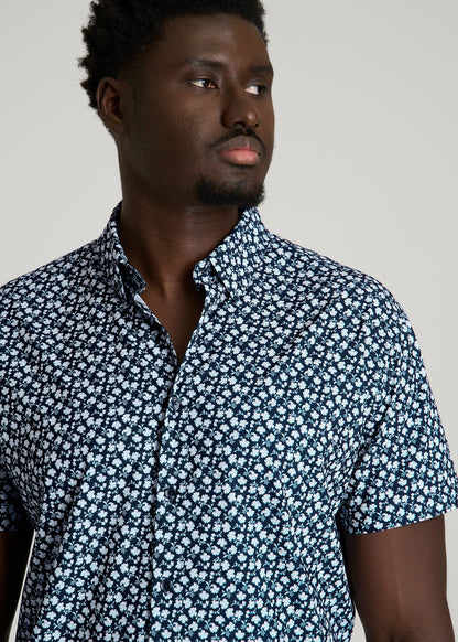 American Tall Men Short Sleeve Traveler Stretch Button Shirt for Tall Men in Ice Blue Mini Floral