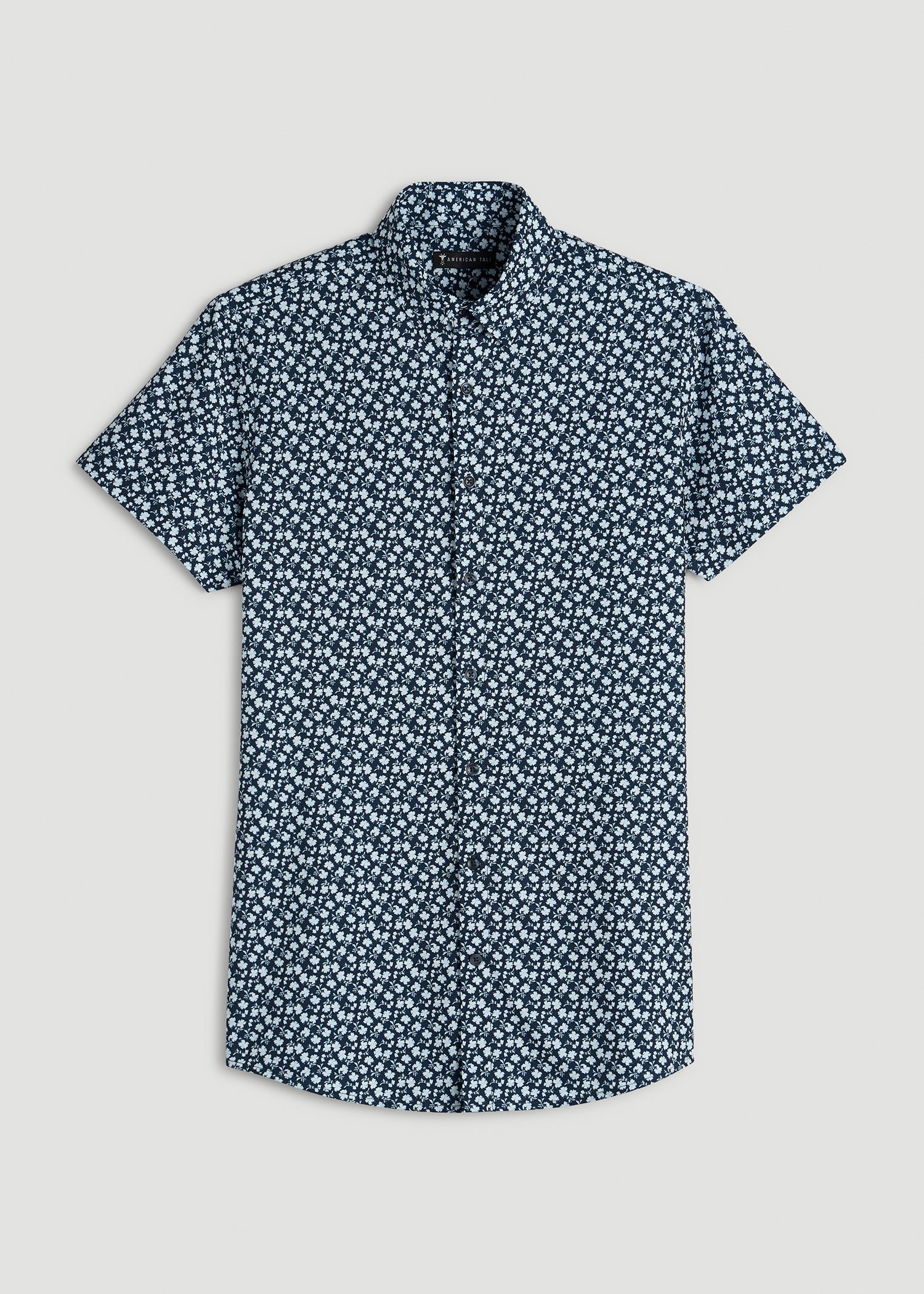 American Tall Men Short Sleeve Traveler Stretch Button Shirt for Tall Men in Ice Blue Mini Floral