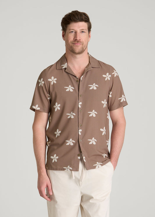 American Tall Men Coastal Perforated Button shirt for Tall Men in Warm Brown Floral