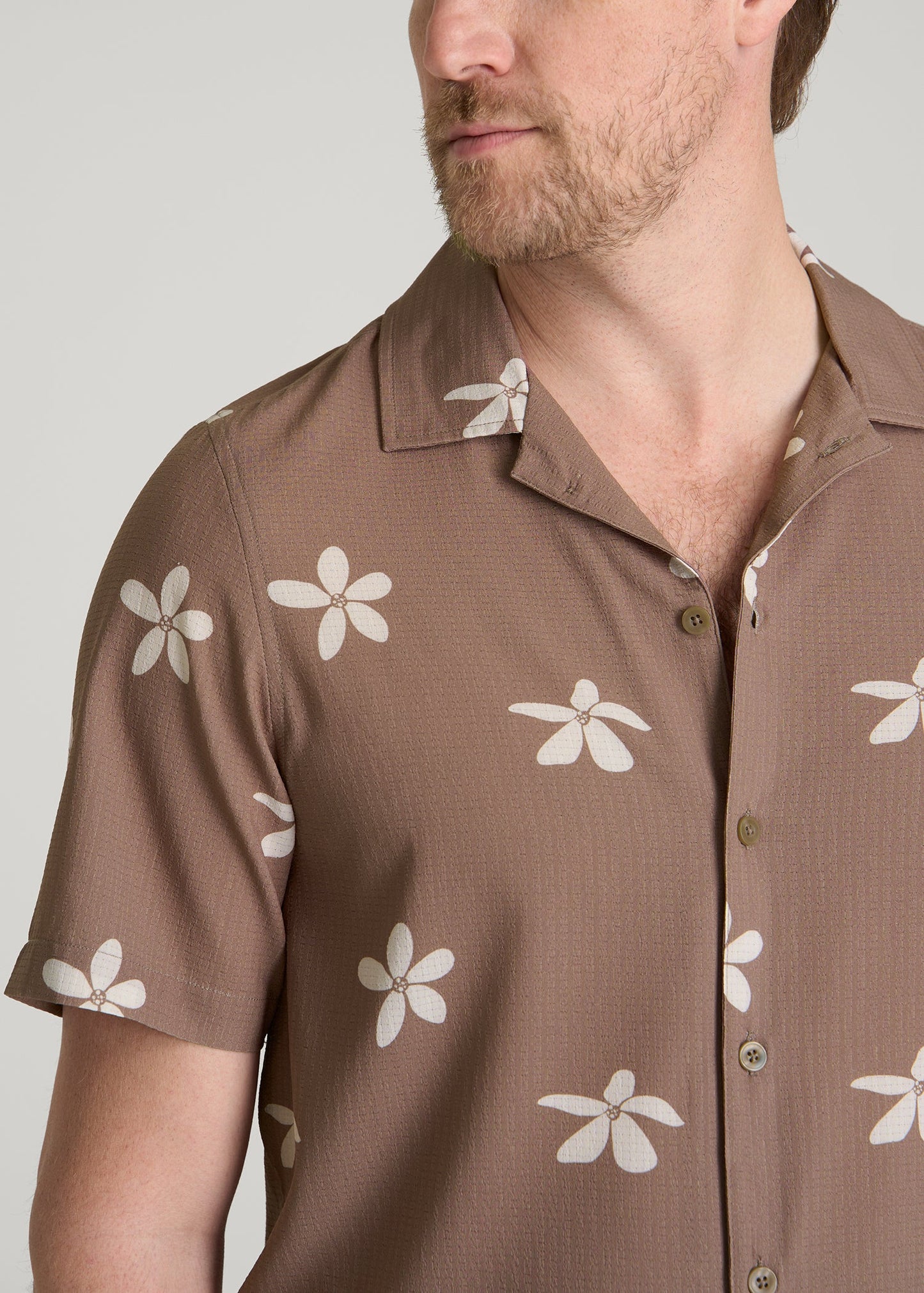 American Tall Men Coastal Perforated Button shirt for Tall Men in Warm Brown Floral