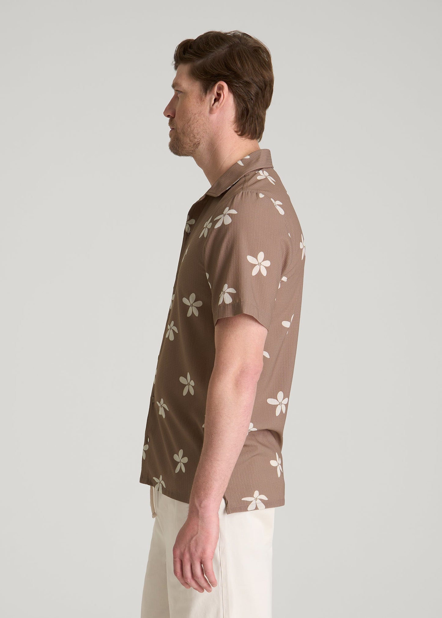 American Tall Men Coastal Perforated Button shirt for Tall Men in Warm Brown Floral