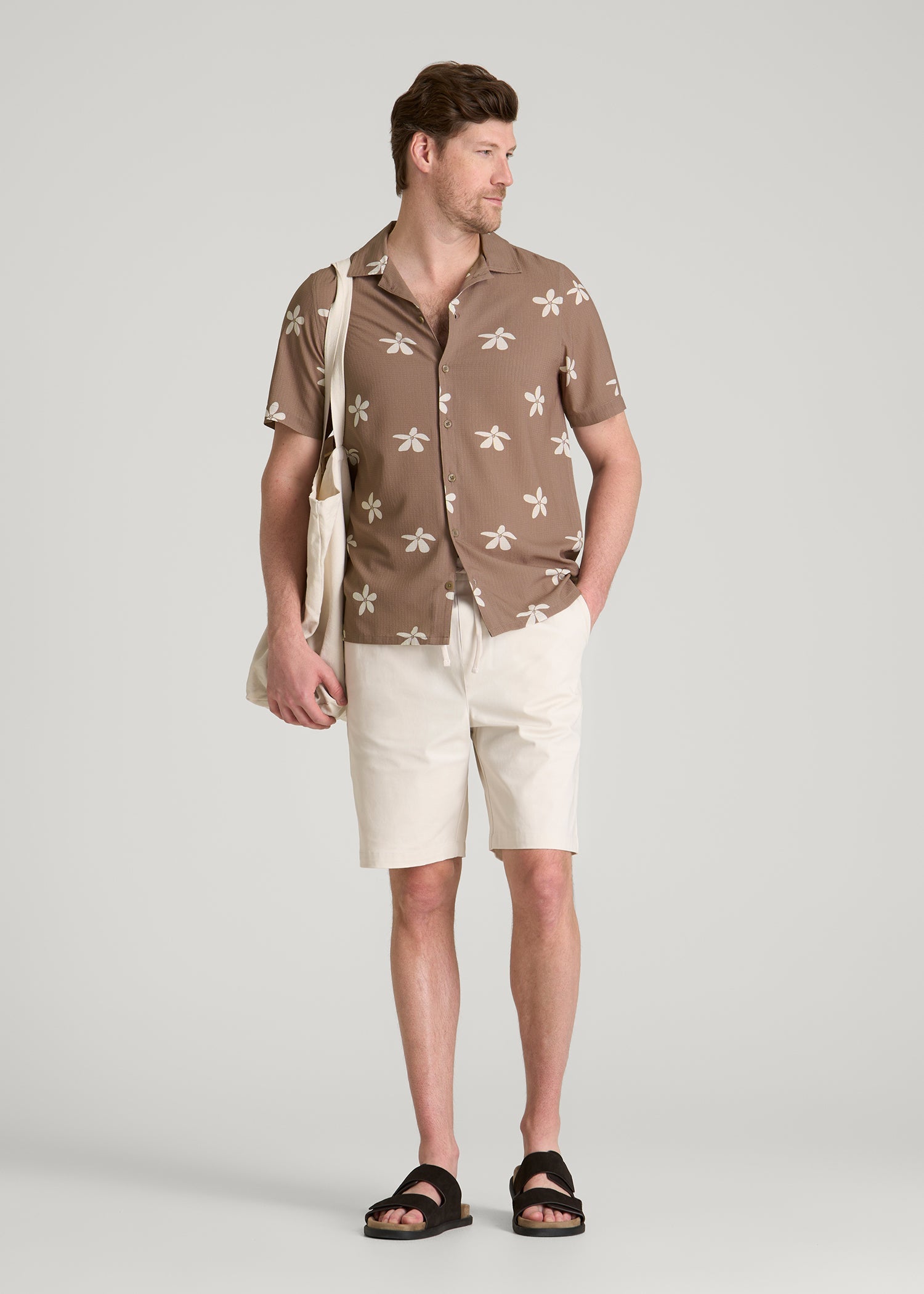 American Tall Men Coastal Perforated Button shirt for Tall Men in Warm Brown Floral