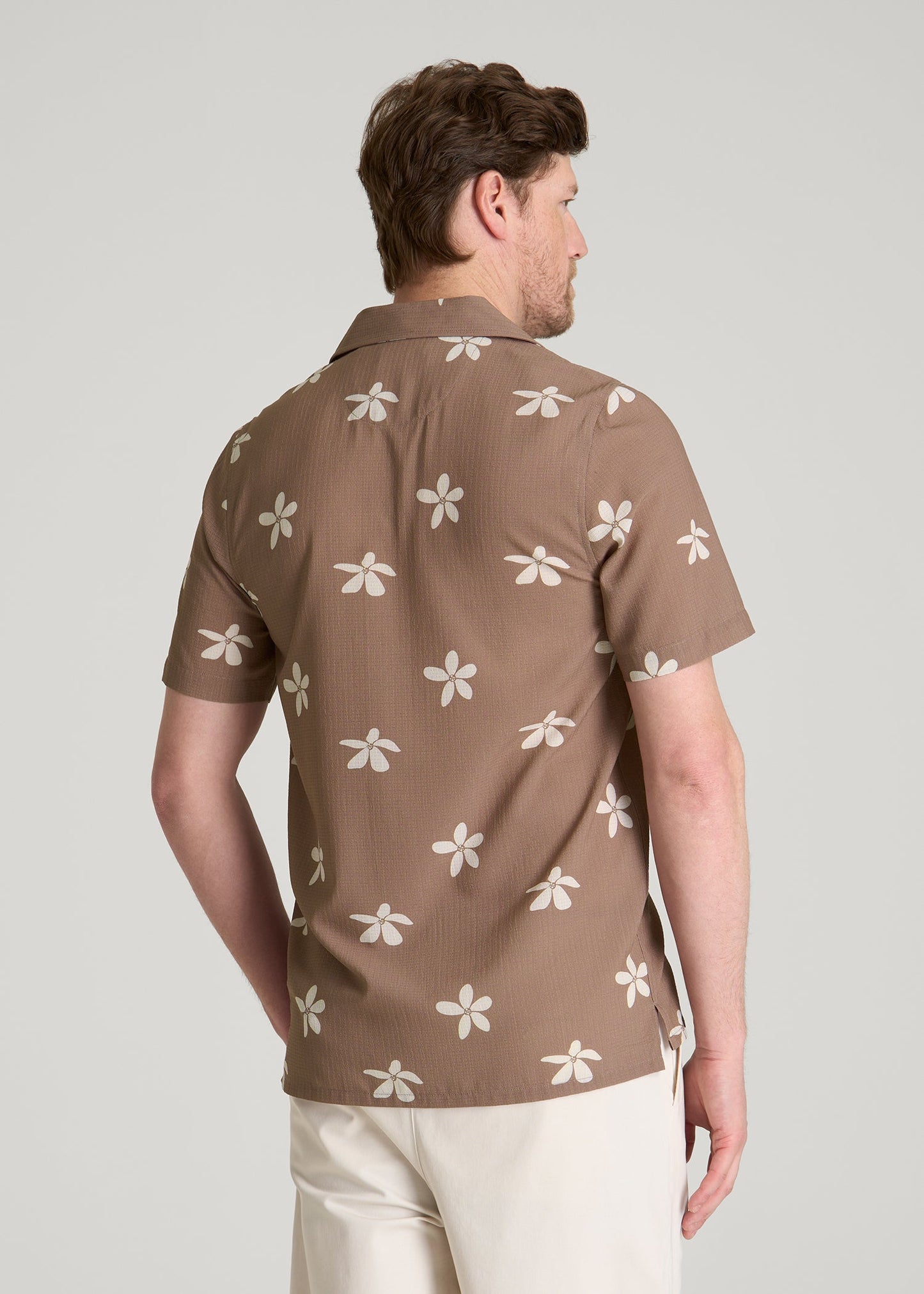 American Tall Men Coastal Perforated Button shirt for Tall Men in Warm Brown Floral