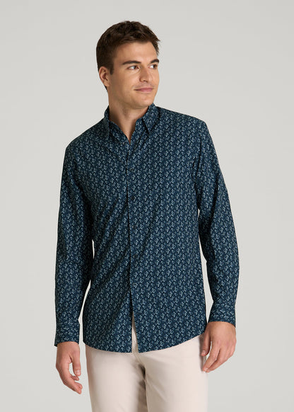 American Tall Men Traveler Stretch Dress Shirt for Tall Men in Royal Navy Floral