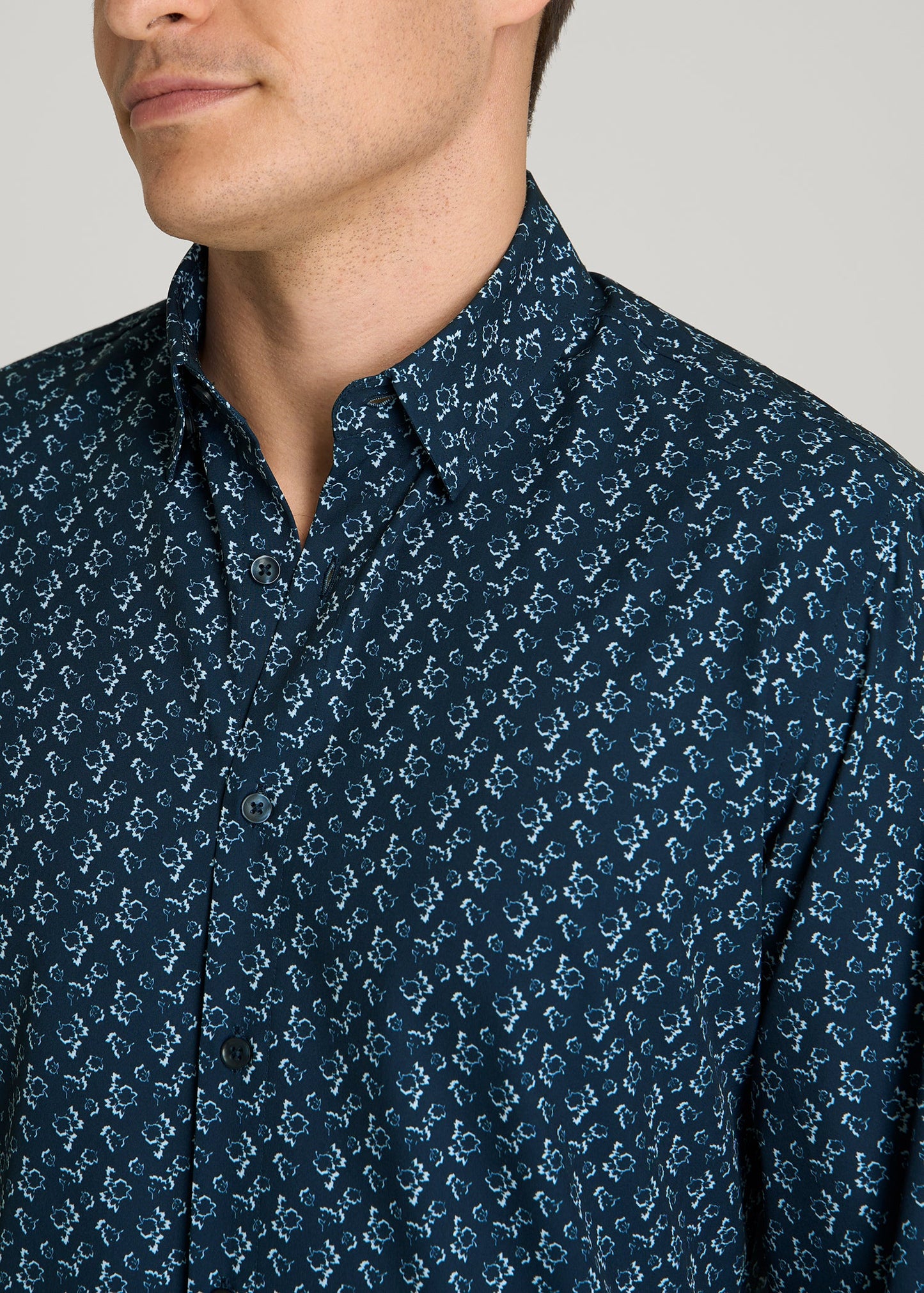 American Tall Men Traveler Stretch Dress Shirt for Tall Men in Royal Navy Floral