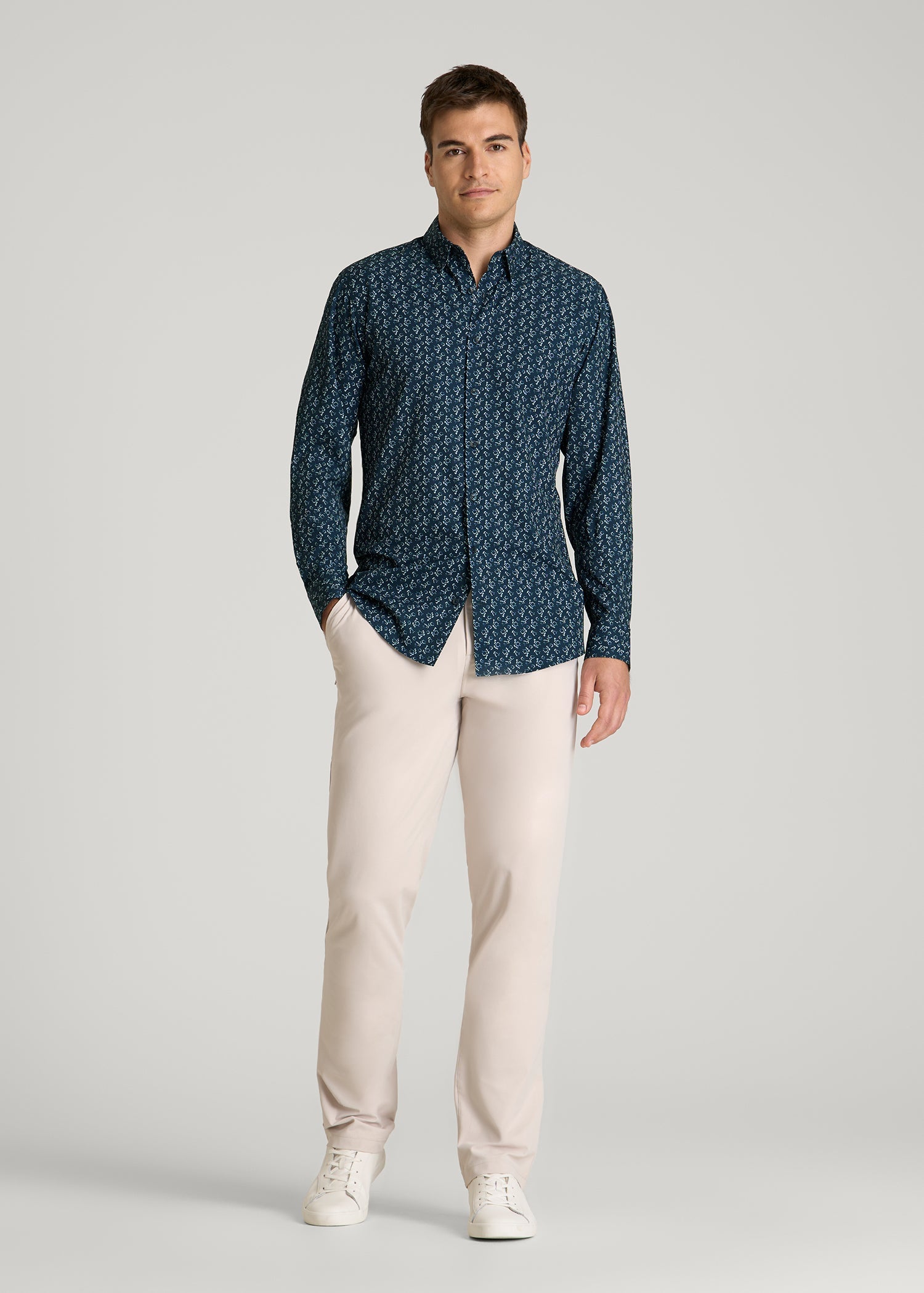 American Tall Men Traveler Stretch Dress Shirt for Tall Men in Royal Navy Floral