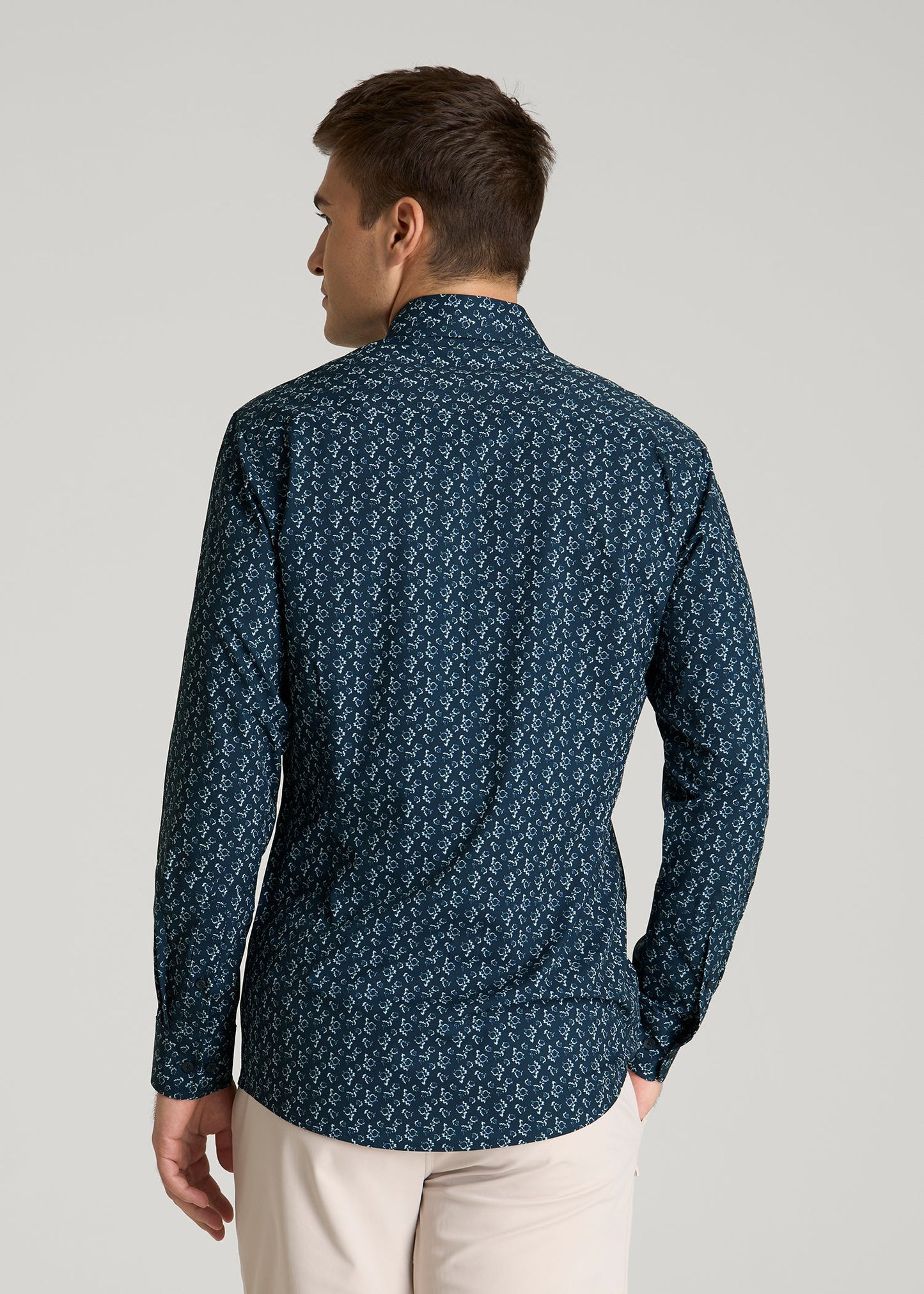 American Tall Men Traveler Stretch Dress Shirt for Tall Men in Royal Navy Floral