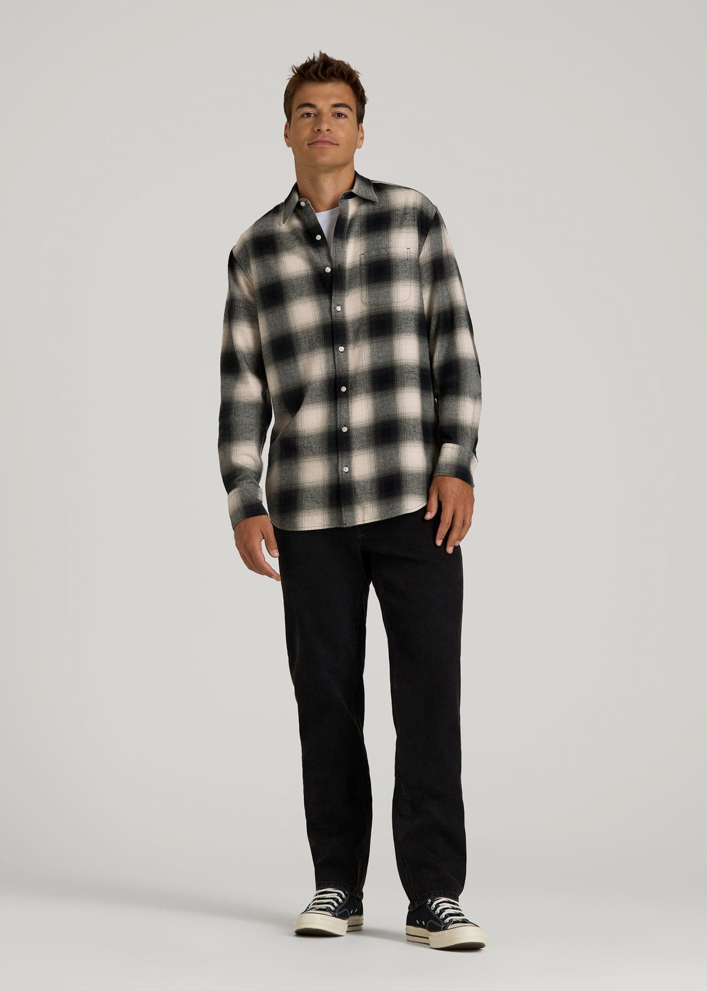 American Tall Men Nelson Flannel Shirt for Tall Men in Beige Blur Plaid