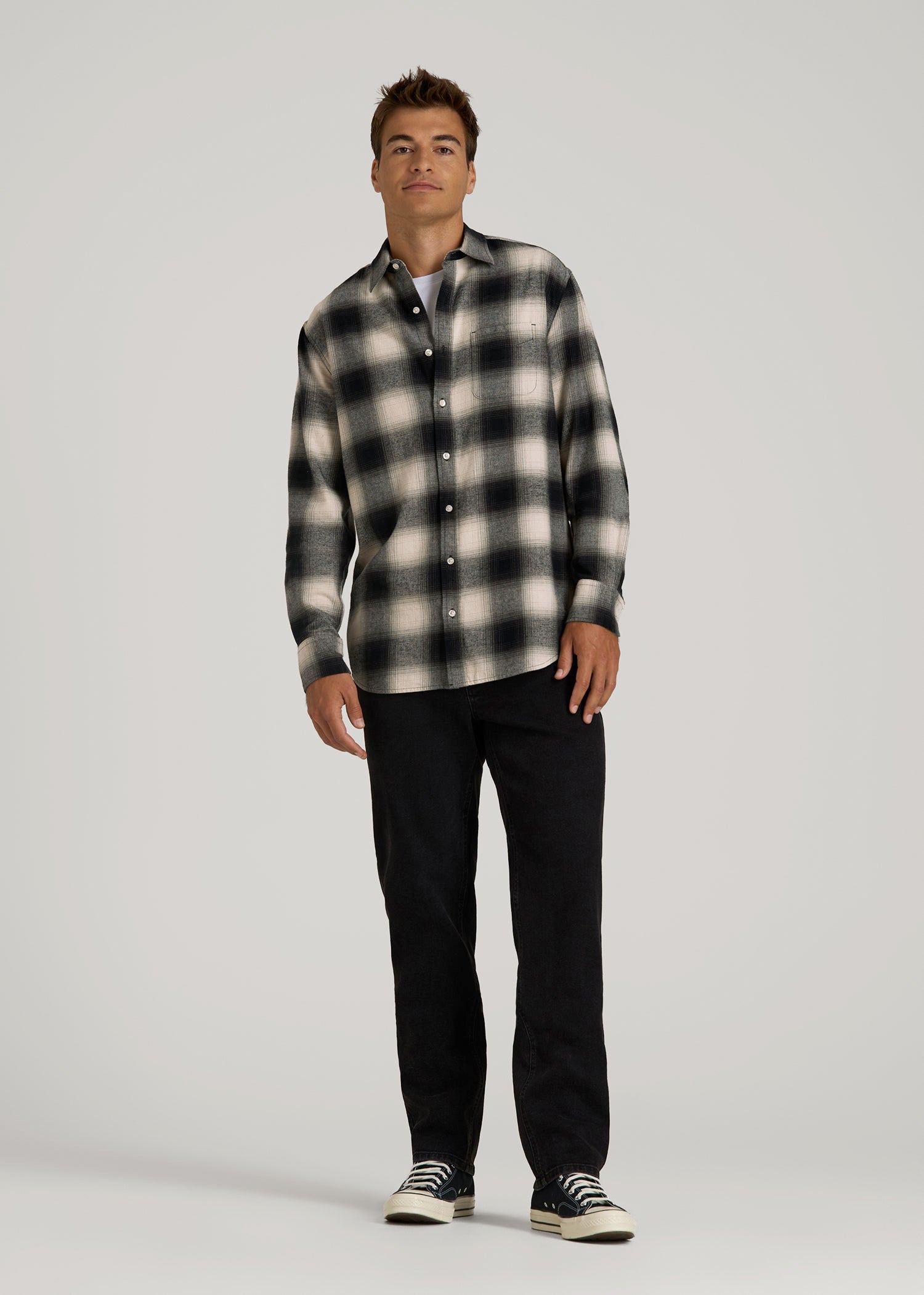 American Tall Men Nelson Flannel Shirt for Tall Men in Beige Blur Plaid