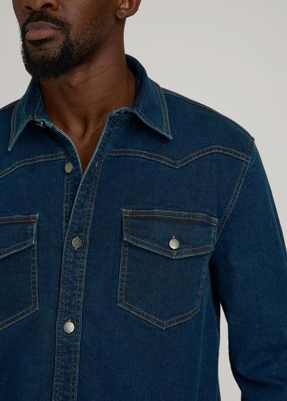 American Tall Men Western Denim Shirt for Tall Men in Indigo Dusk