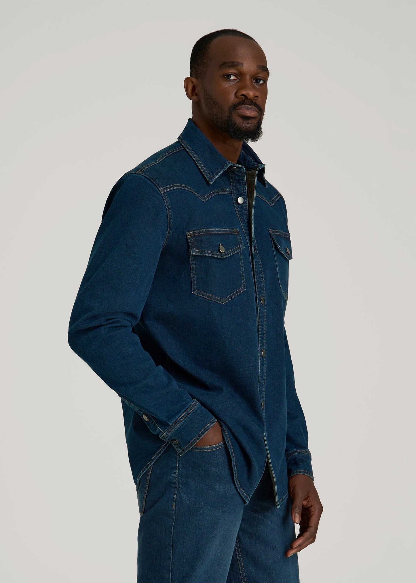 American Tall Men Western Denim Shirt for Tall Men in Indigo Dusk