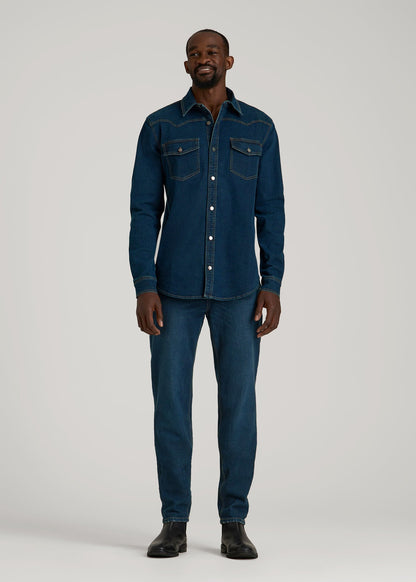 American Tall Men Western Denim Shirt for Tall Men in Indigo Dusk