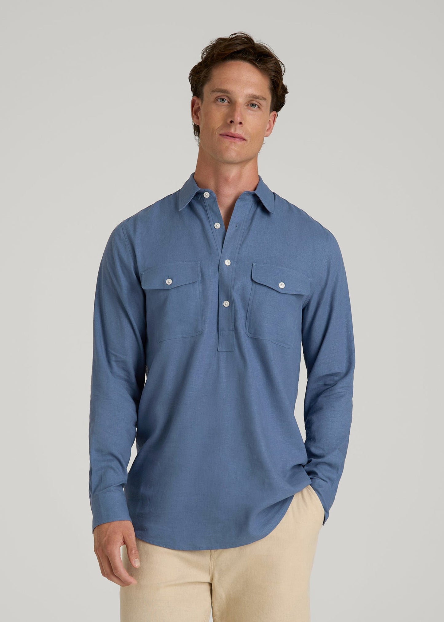American Tall Men Linen Popover Shirt for Tall Men in Deep Cobalt