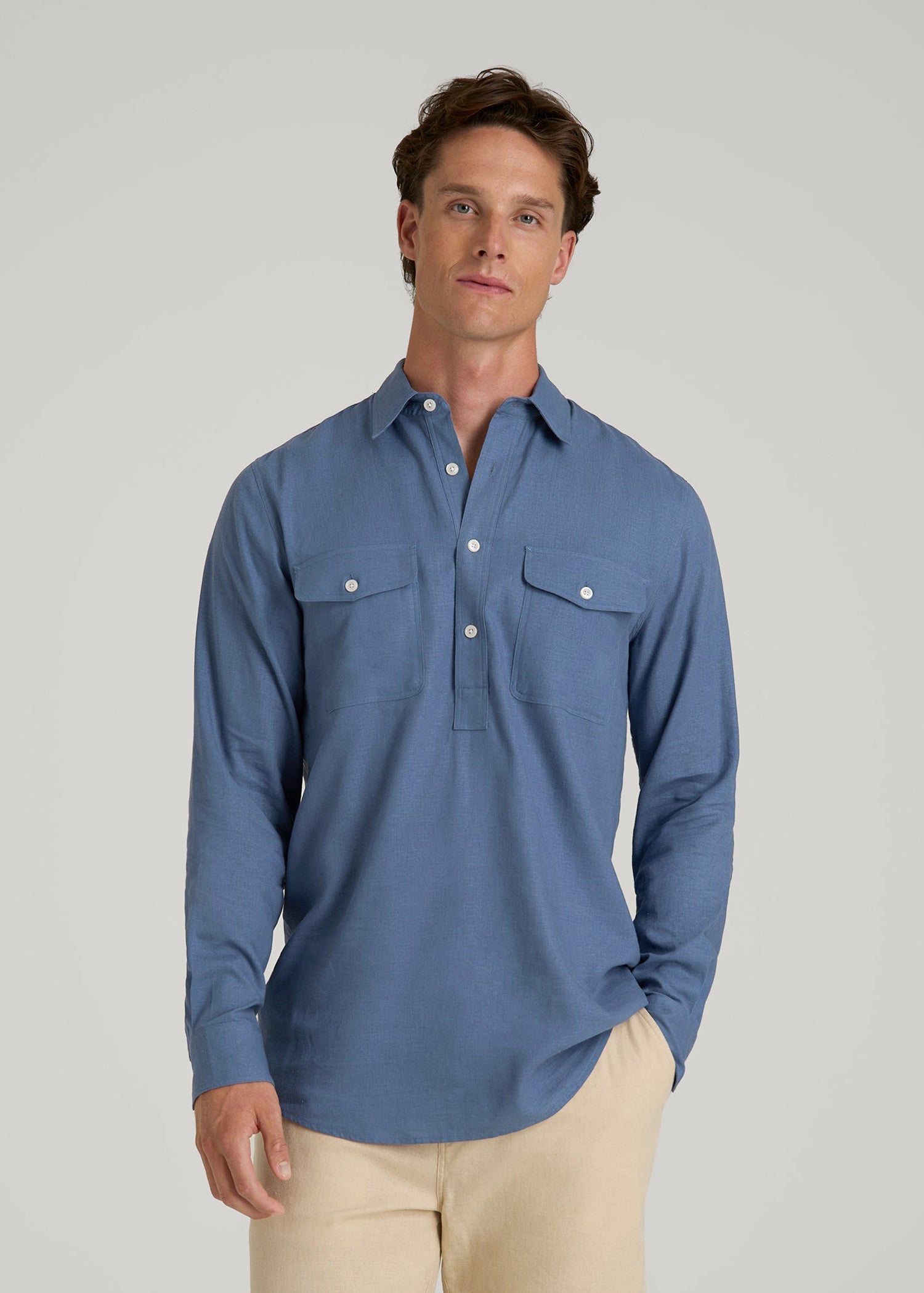 American Tall Men Linen Popover Shirt for Tall Men in Deep Cobalt
