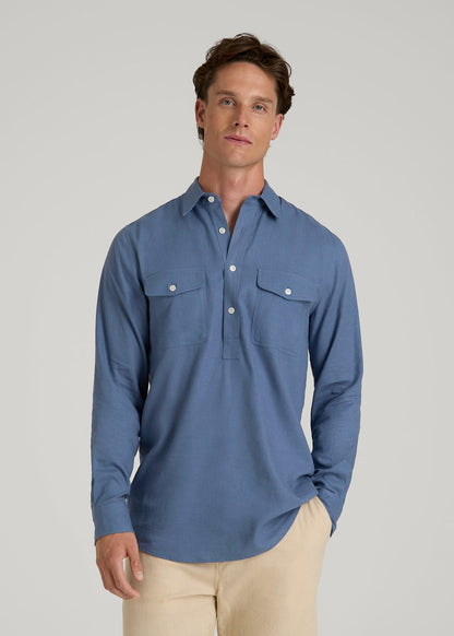 American Tall Men Linen Popover Shirt for Tall Men in Deep Cobalt