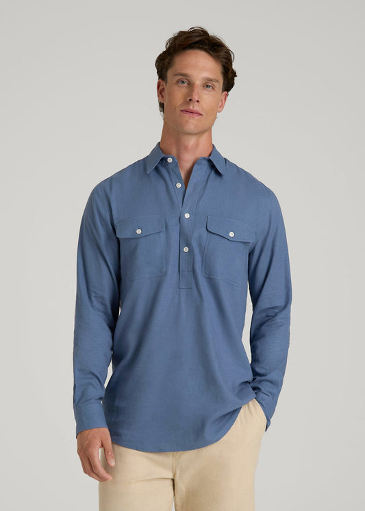 American Tall Men Linen Popover Shirt for Tall Men in Deep Cobalt