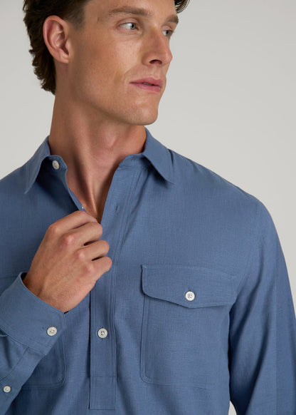 American Tall Men Linen Popover Shirt for Tall Men in Deep Cobalt