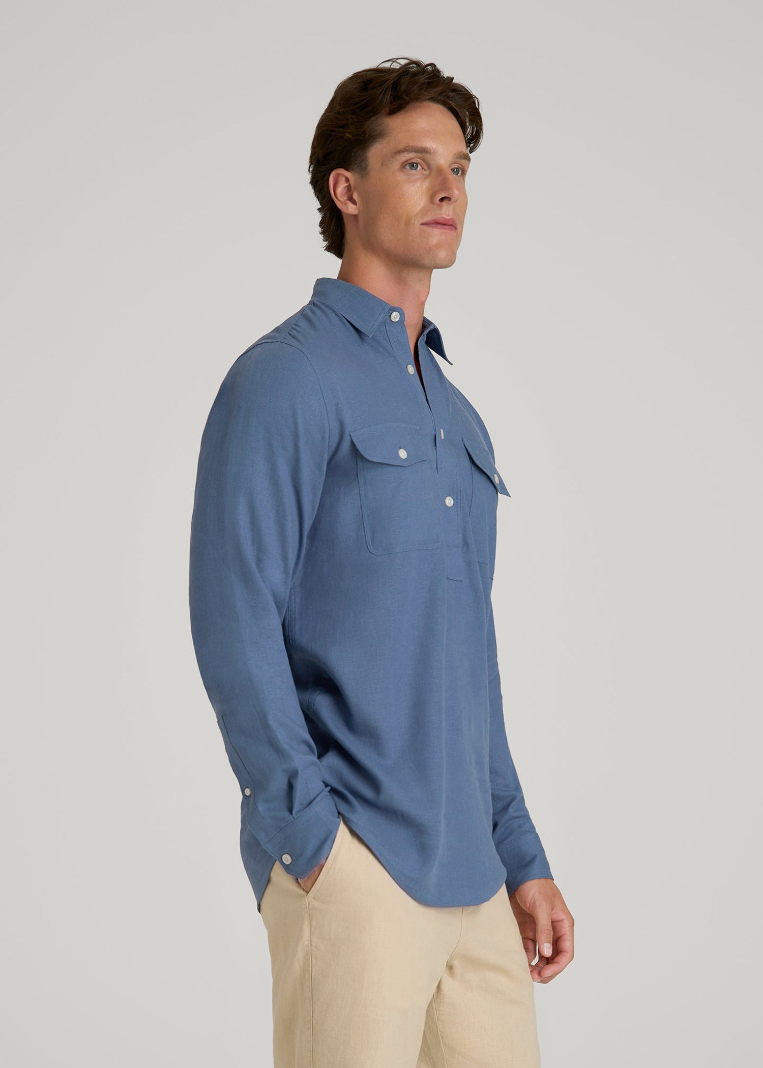 American Tall Men Linen Popover Shirt for Tall Men in Deep Cobalt