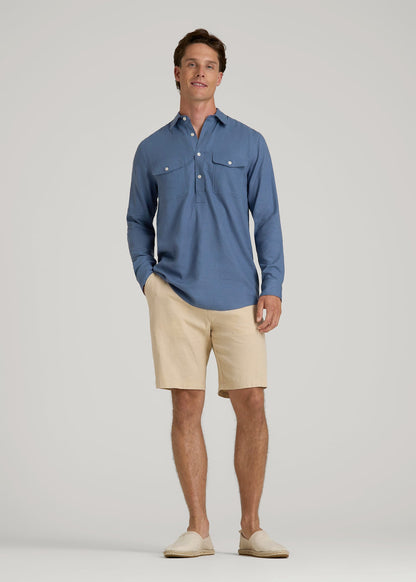 American Tall Men Linen Popover Shirt for Tall Men in Deep Cobalt