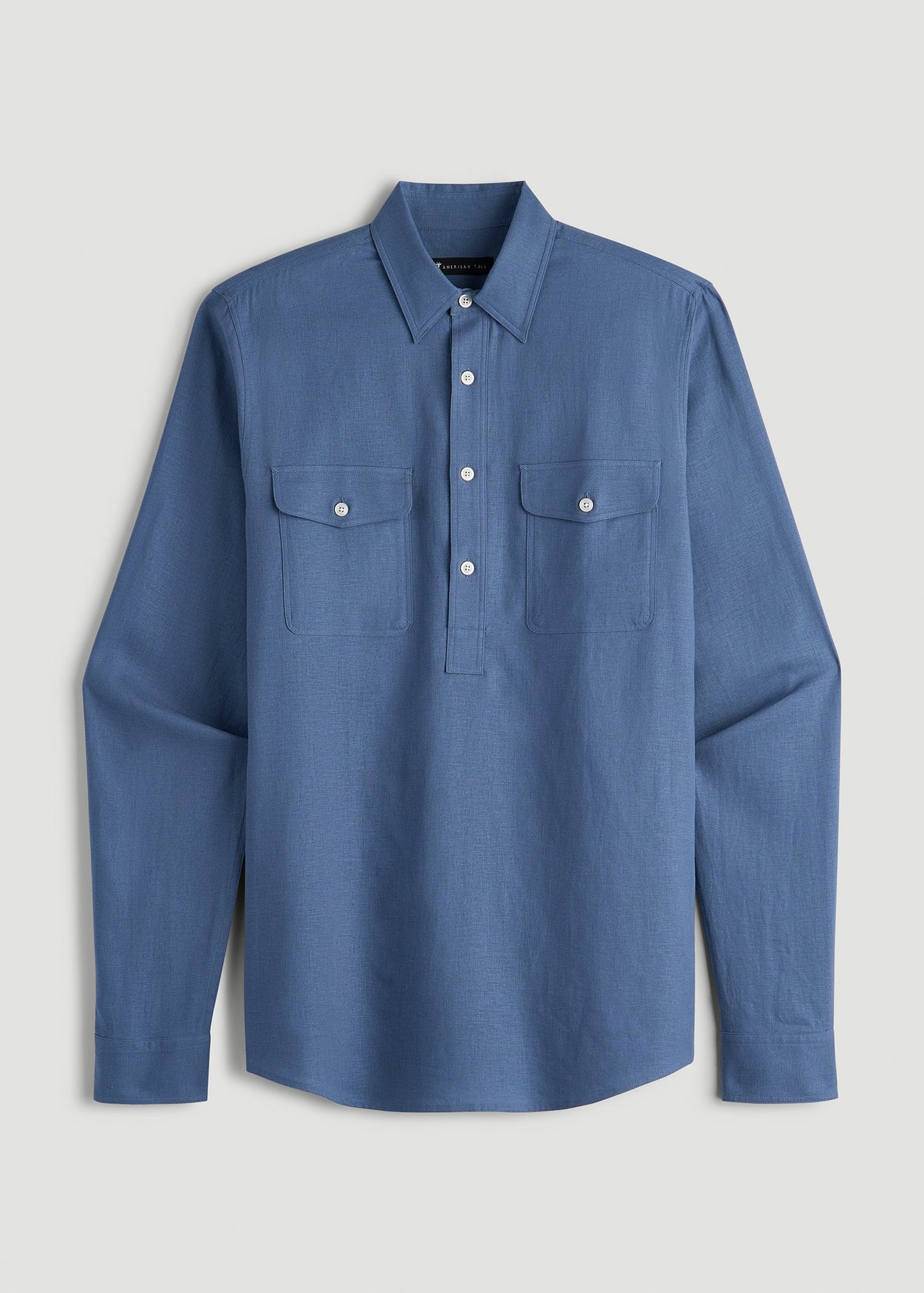 American Tall Men Linen Popover Shirt for Tall Men in Deep Cobalt