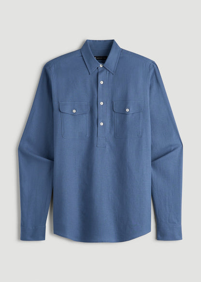American Tall Men Linen Popover Shirt for Tall Men in Deep Cobalt