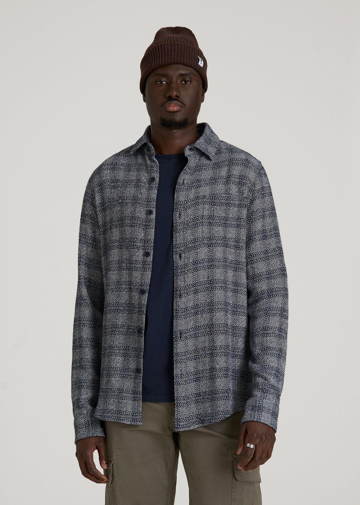 American Tall Men Lightweight Woven Overshirt for Tall Men in Navy Textured Grid