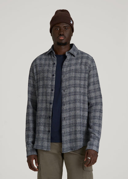 American Tall Men Lightweight Woven Overshirt for Tall Men in Navy Textured Grid