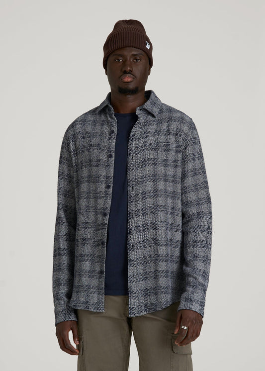 American Tall Men Lightweight Woven Overshirt for Tall Men in Navy Textured Grid