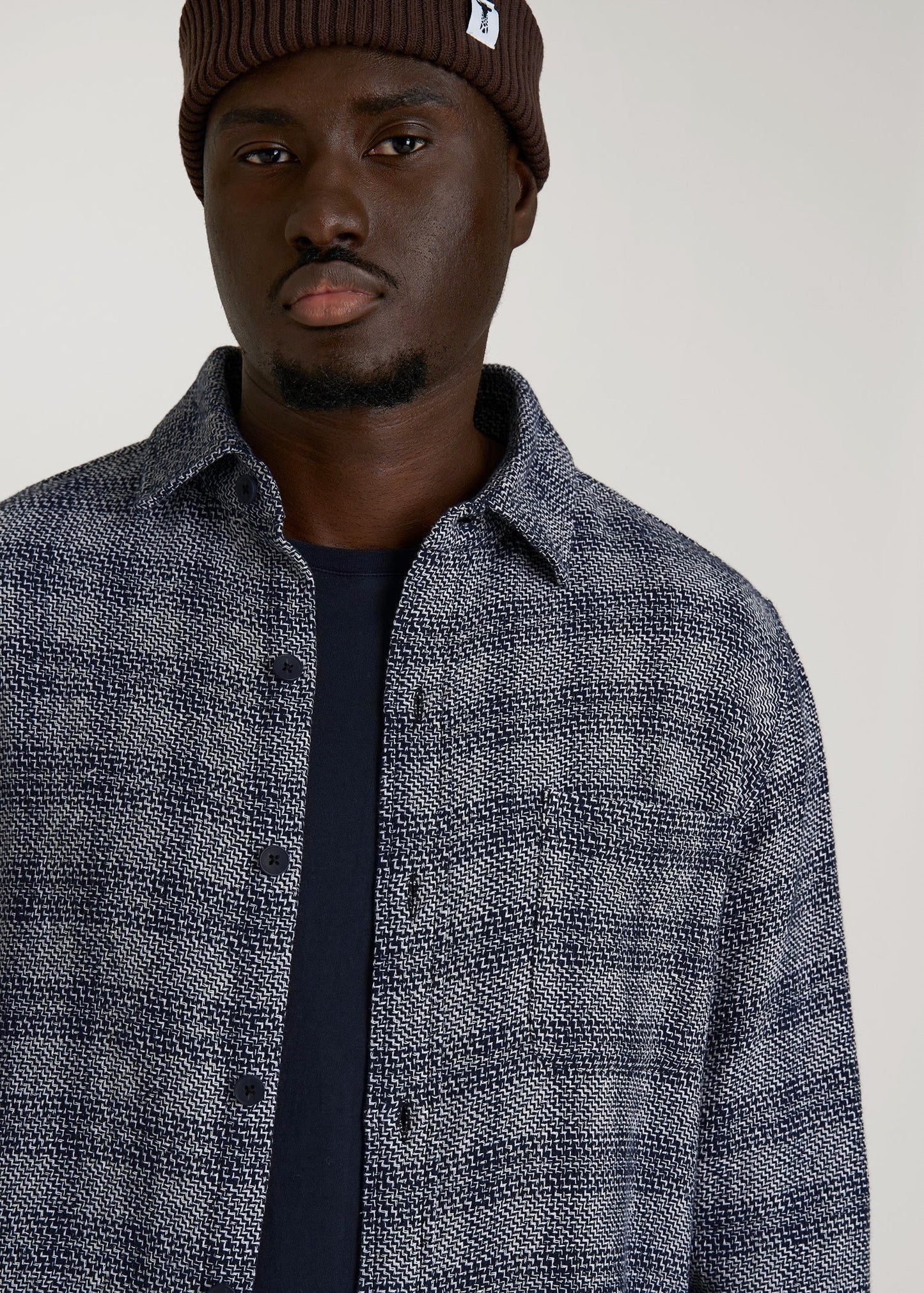 American Tall Men Lightweight Woven Overshirt for Tall Men in Navy Textured Grid