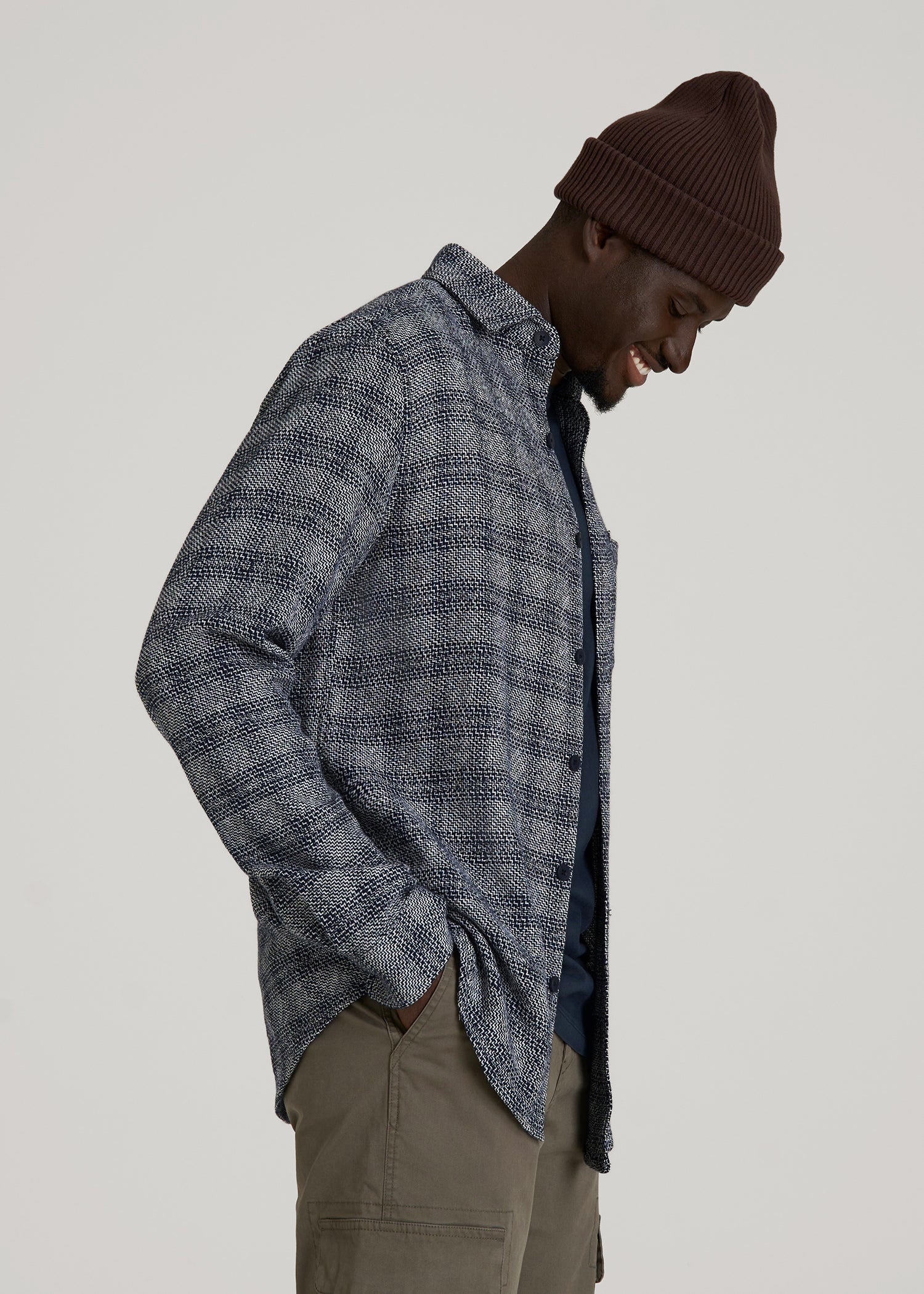 American Tall Men Lightweight Woven Overshirt for Tall Men in Navy Textured Grid