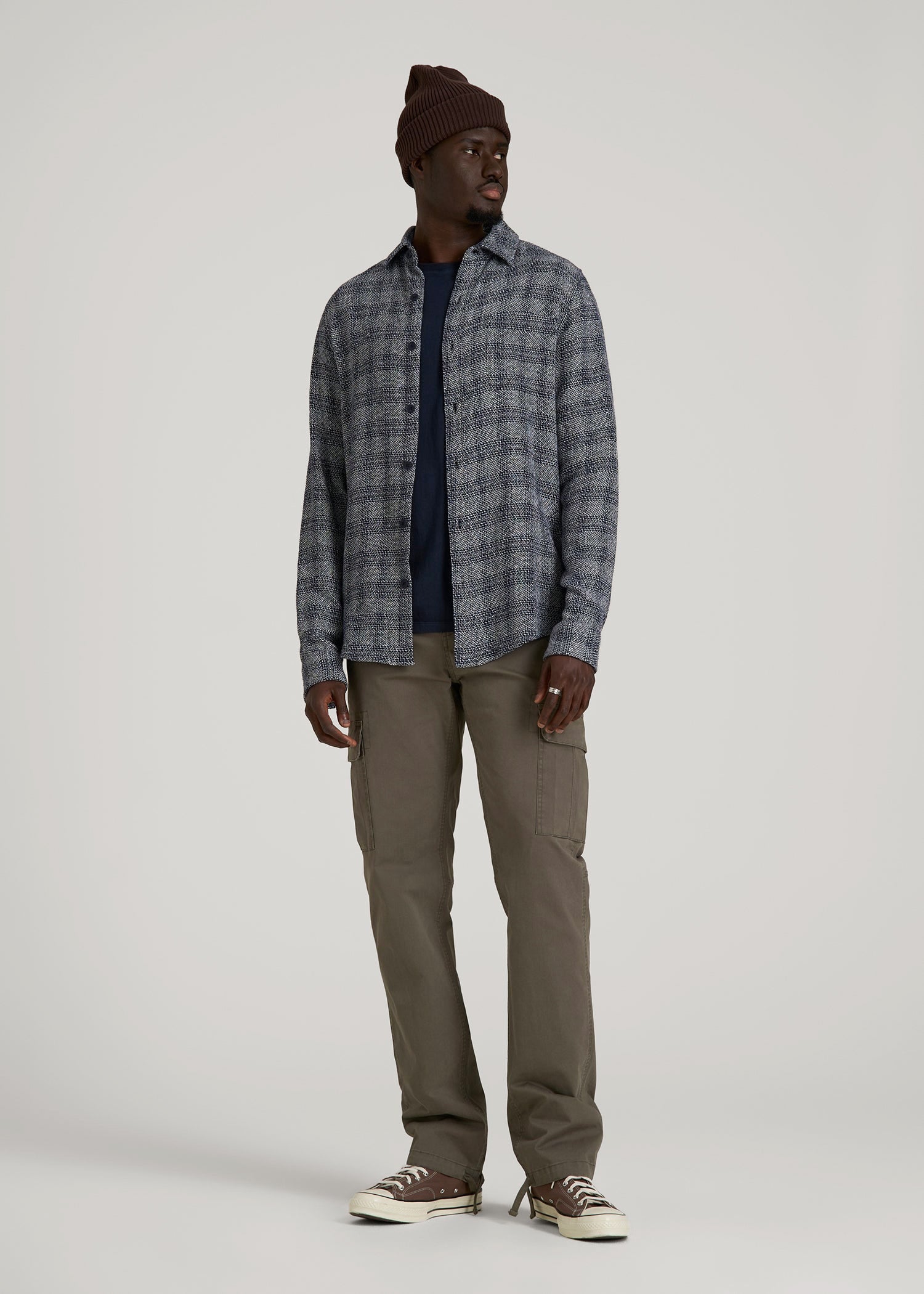 American Tall Men Lightweight Woven Overshirt for Tall Men in Navy Textured Grid
