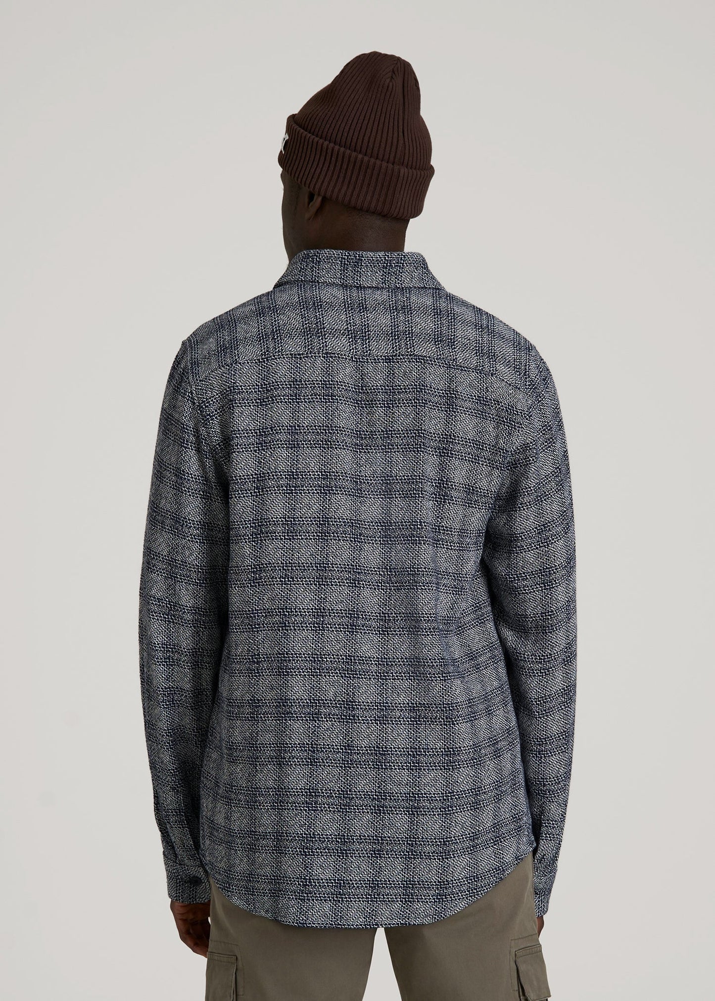 American Tall Men Lightweight Woven Overshirt for Tall Men in Navy Textured Grid