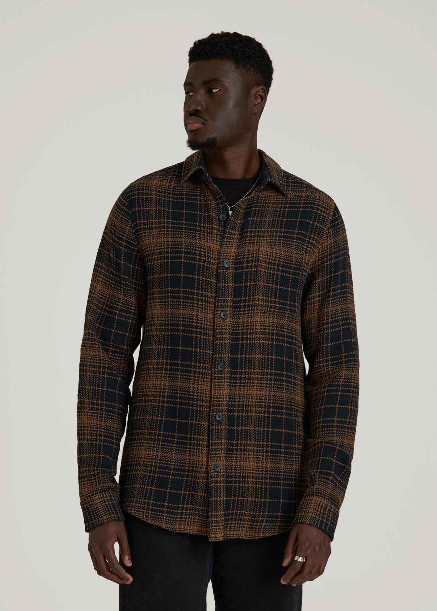 American Tall Men Lightweight Woven Overshirt for Tall Men in Black and Caramel Plaid
