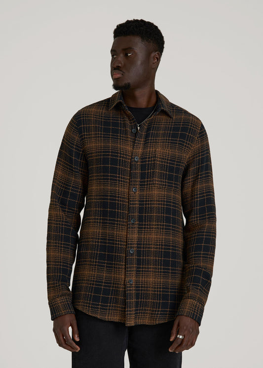 American Tall Men Lightweight Woven Overshirt for Tall Men in Black and Caramel Plaid