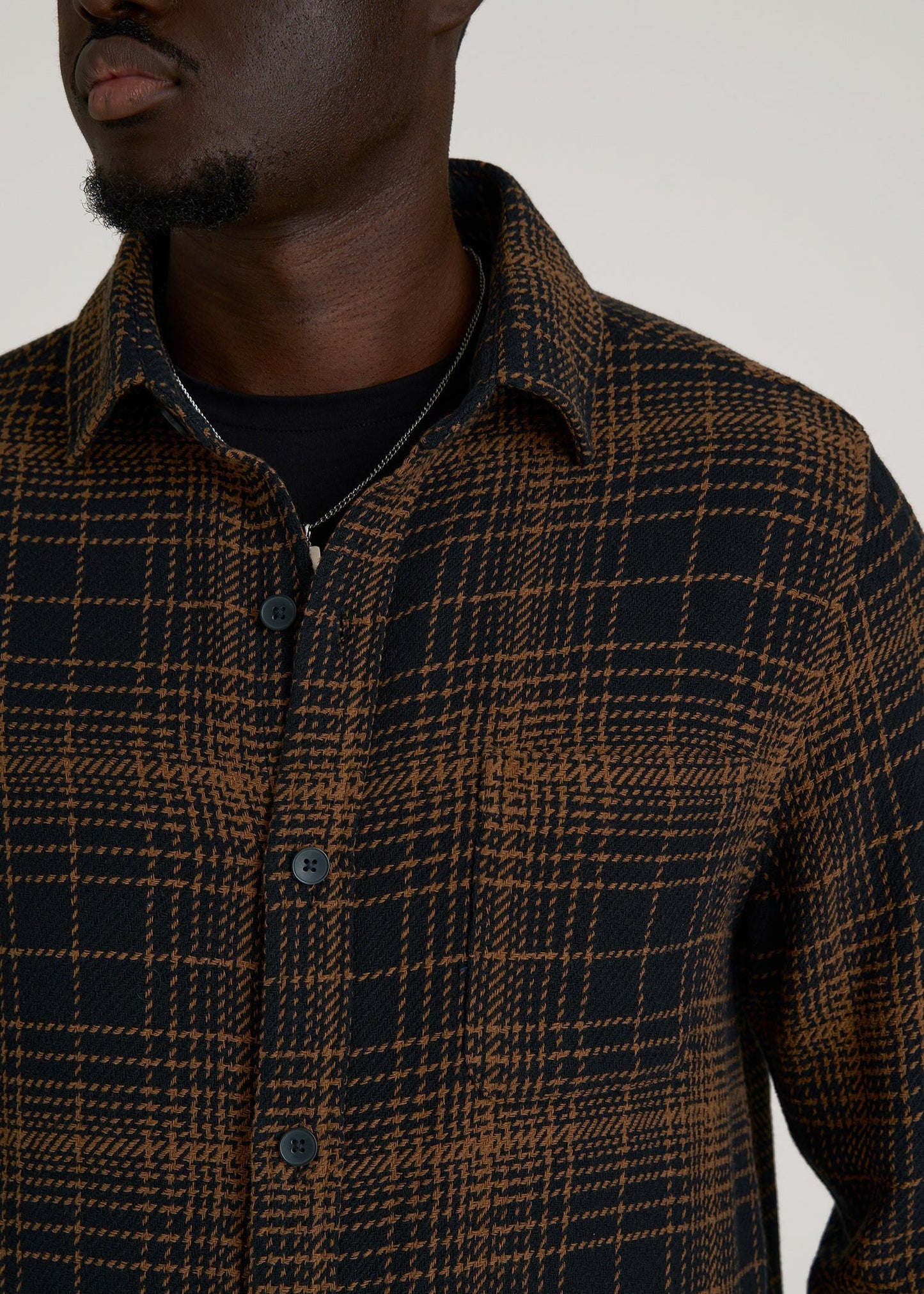 American Tall Men Lightweight Woven Overshirt for Tall Men in Black and Caramel Plaid