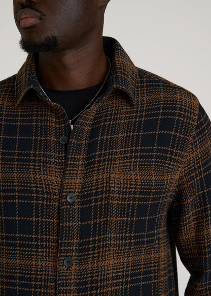 American Tall Men Lightweight Woven Overshirt for Tall Men in Black and Caramel Plaid