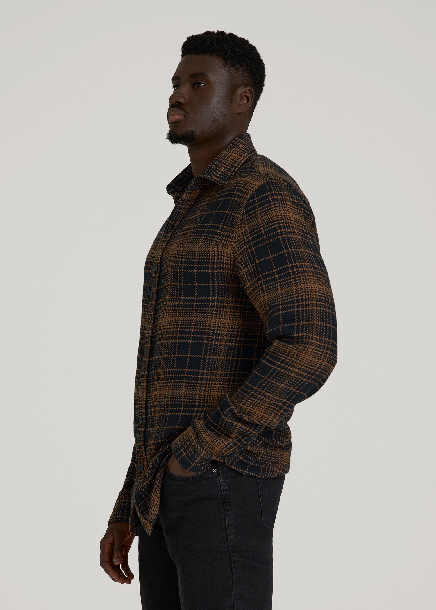 American Tall Men Lightweight Woven Overshirt for Tall Men in Black and Caramel Plaid