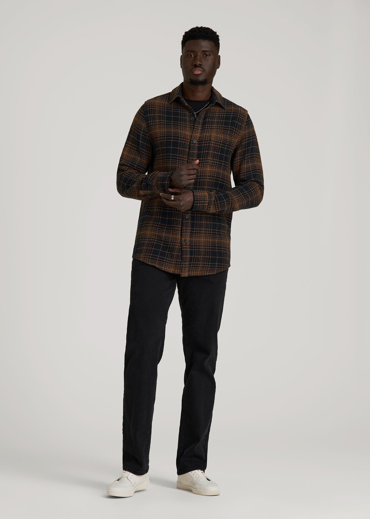 American Tall Men Lightweight Woven Overshirt for Tall Men in Black and Caramel Plaid