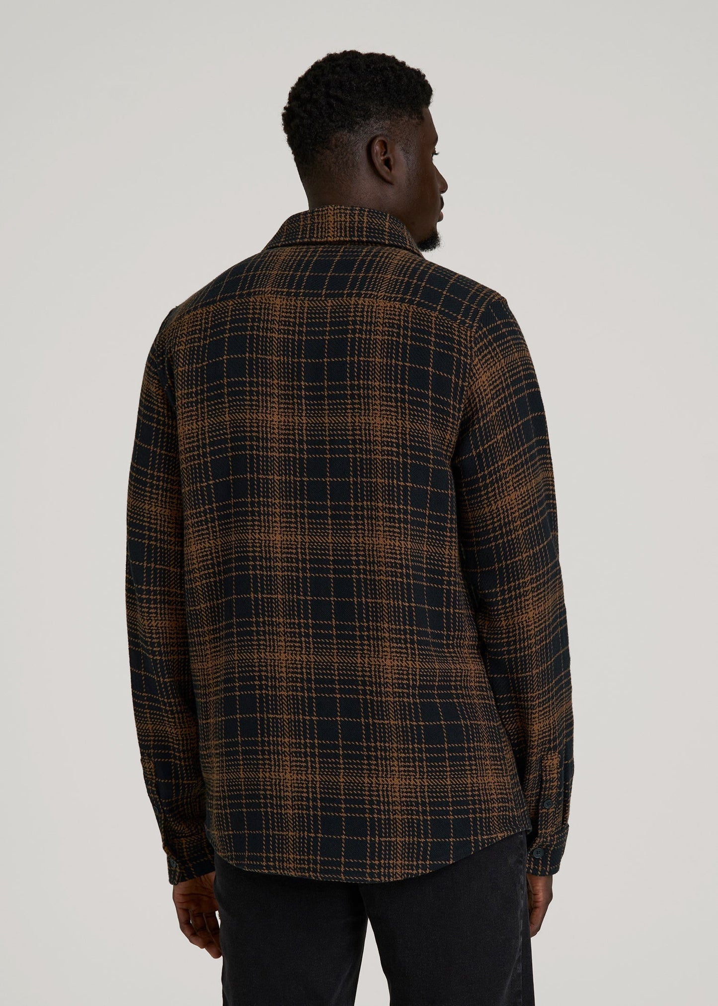 American Tall Men Lightweight Woven Overshirt for Tall Men in Black and Caramel Plaid