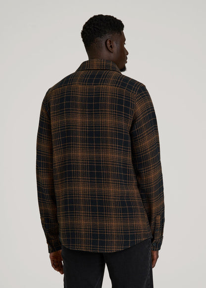 American Tall Men Lightweight Woven Overshirt for Tall Men in Black and Caramel Plaid