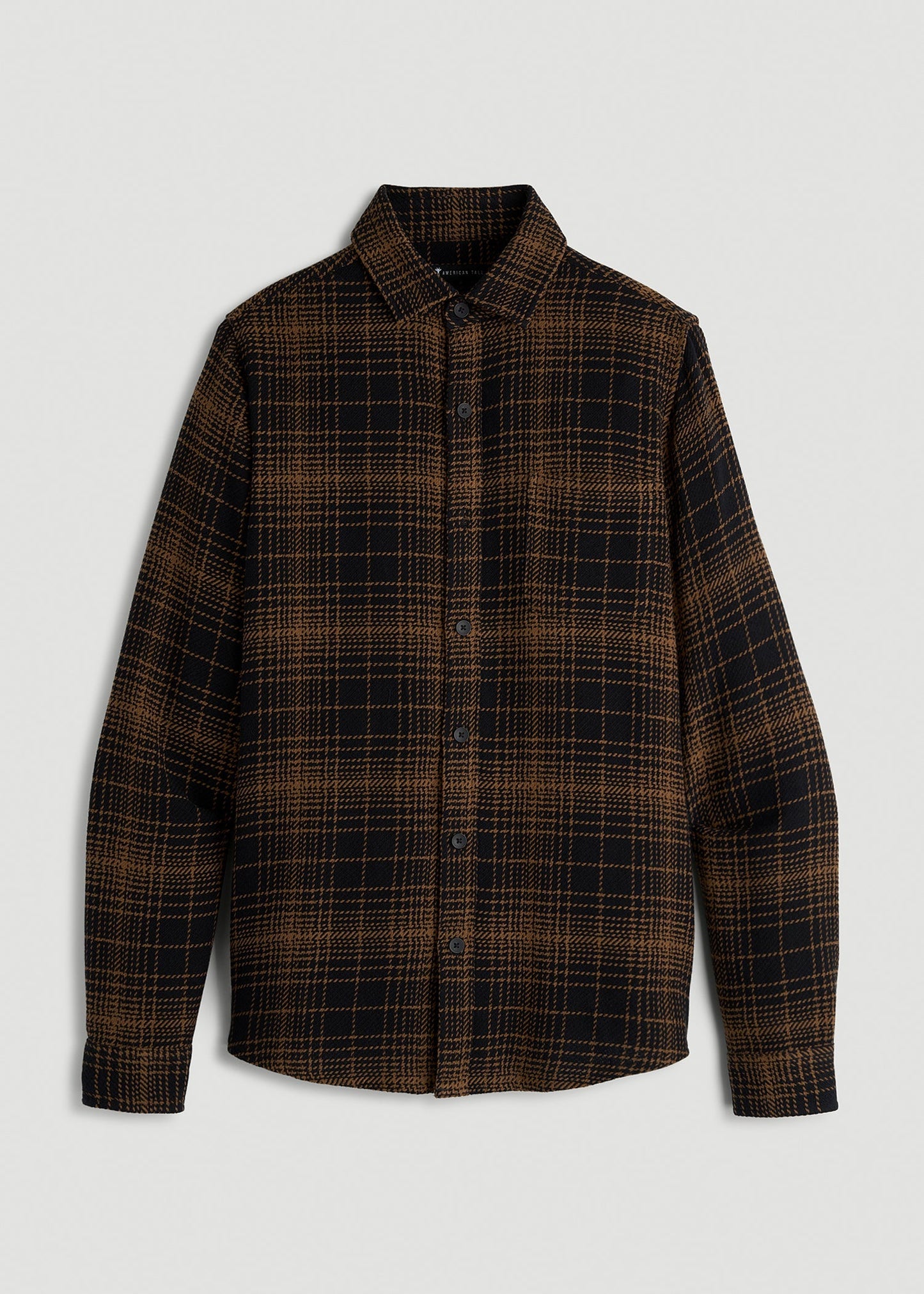 American Tall Men Lightweight Woven Overshirt for Tall Men in Black and Caramel Plaid