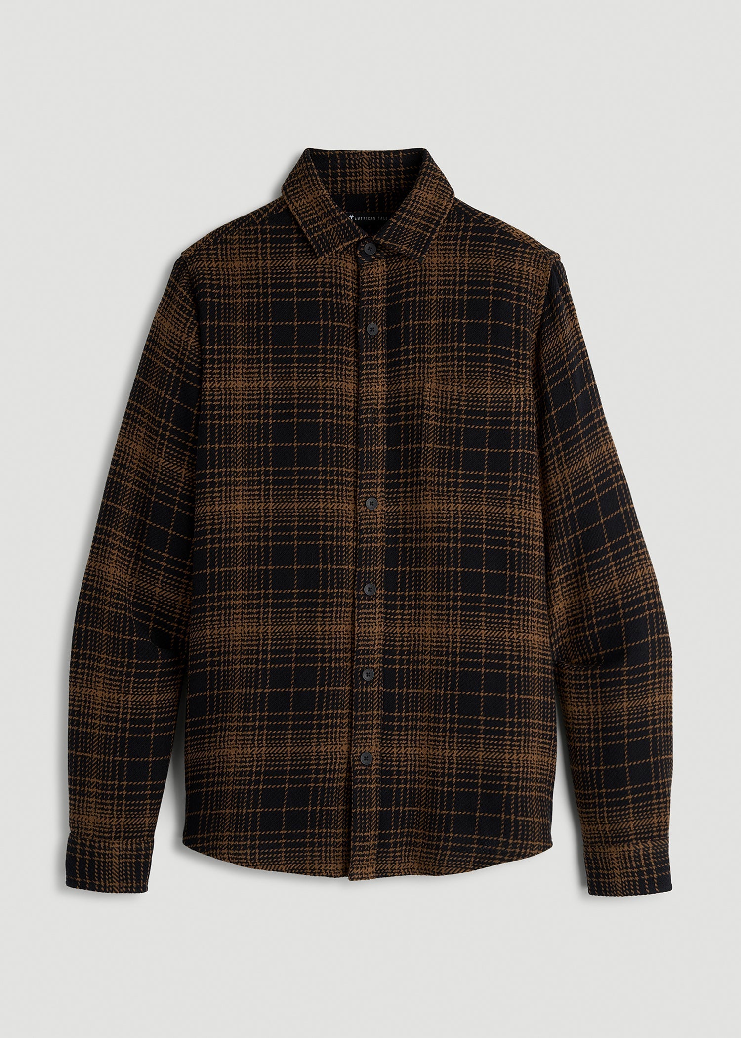 American Tall Men Lightweight Woven Overshirt for Tall Men in Black and Caramel Plaid