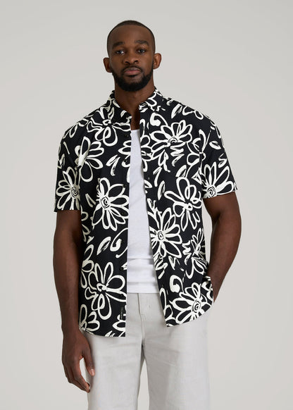 American Tall Men Seersucker Short Sleeve Shirt for Tall Men in Black and White Floral