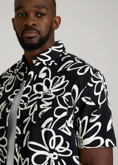 American Tall Men Seersucker Short Sleeve Shirt for Tall Men in Black and White Floral